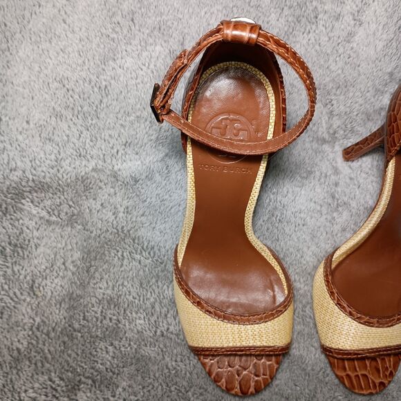 Tory Burch Croc Designed Ankle Strap Peep Toe Leather Heels Sandals Size 7M 7 M - Picture 10 of 16